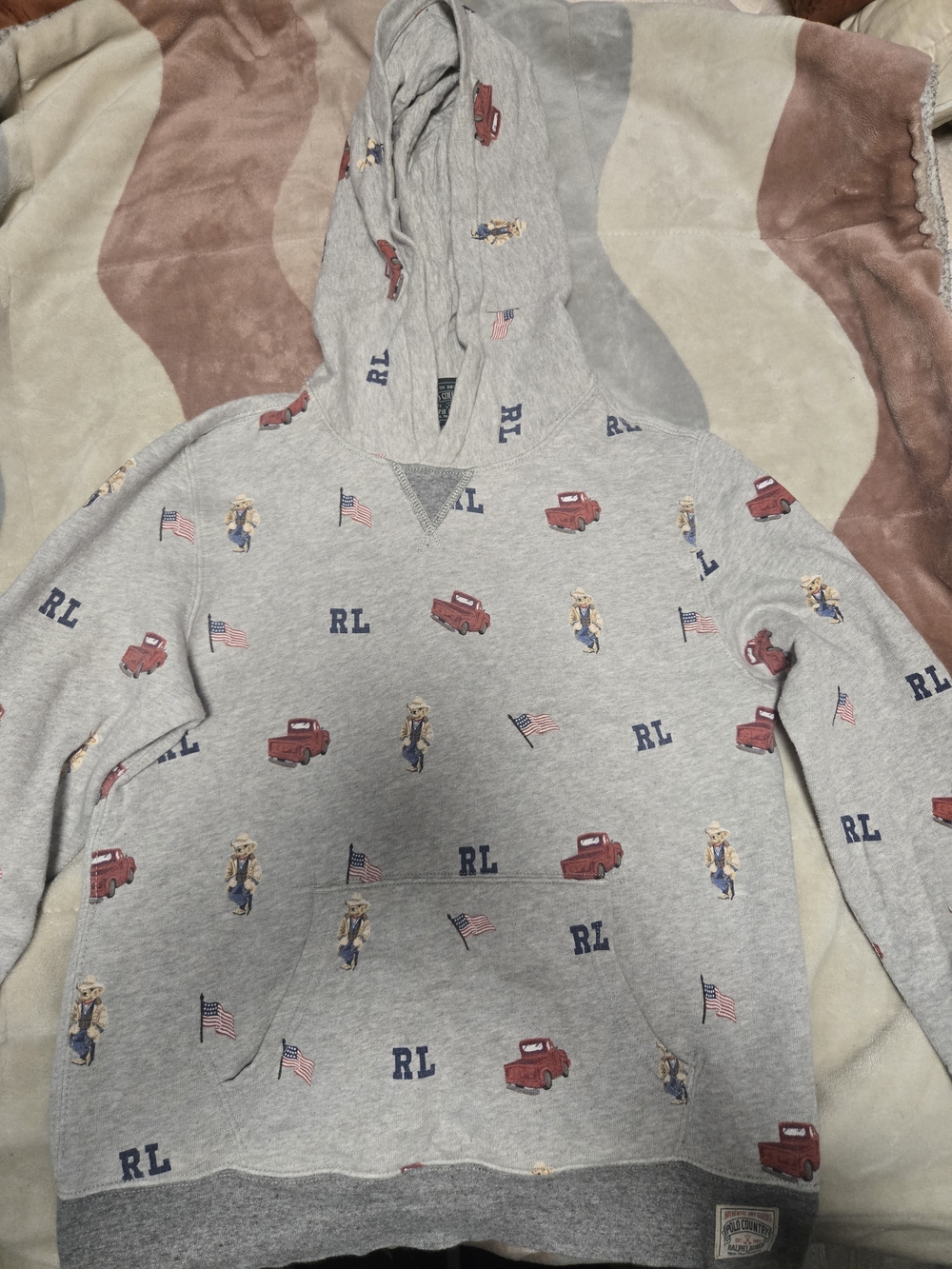Ralph Lauren RL Printed Hooded Sweatshirt - Grey with Red & Navy Accents